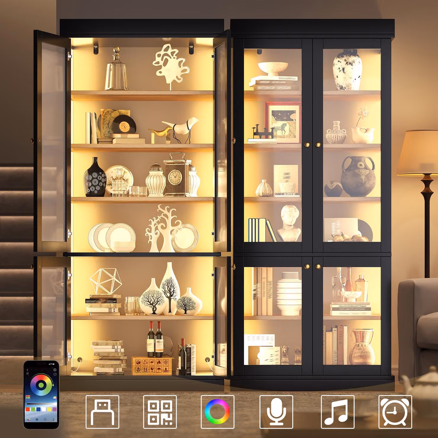 Aosom UK Modern Industrial Display Cabinet with LED Lighting and Glass Doors, Black, W: 40 cm, D: 40 cm, H: 180 cm – 5