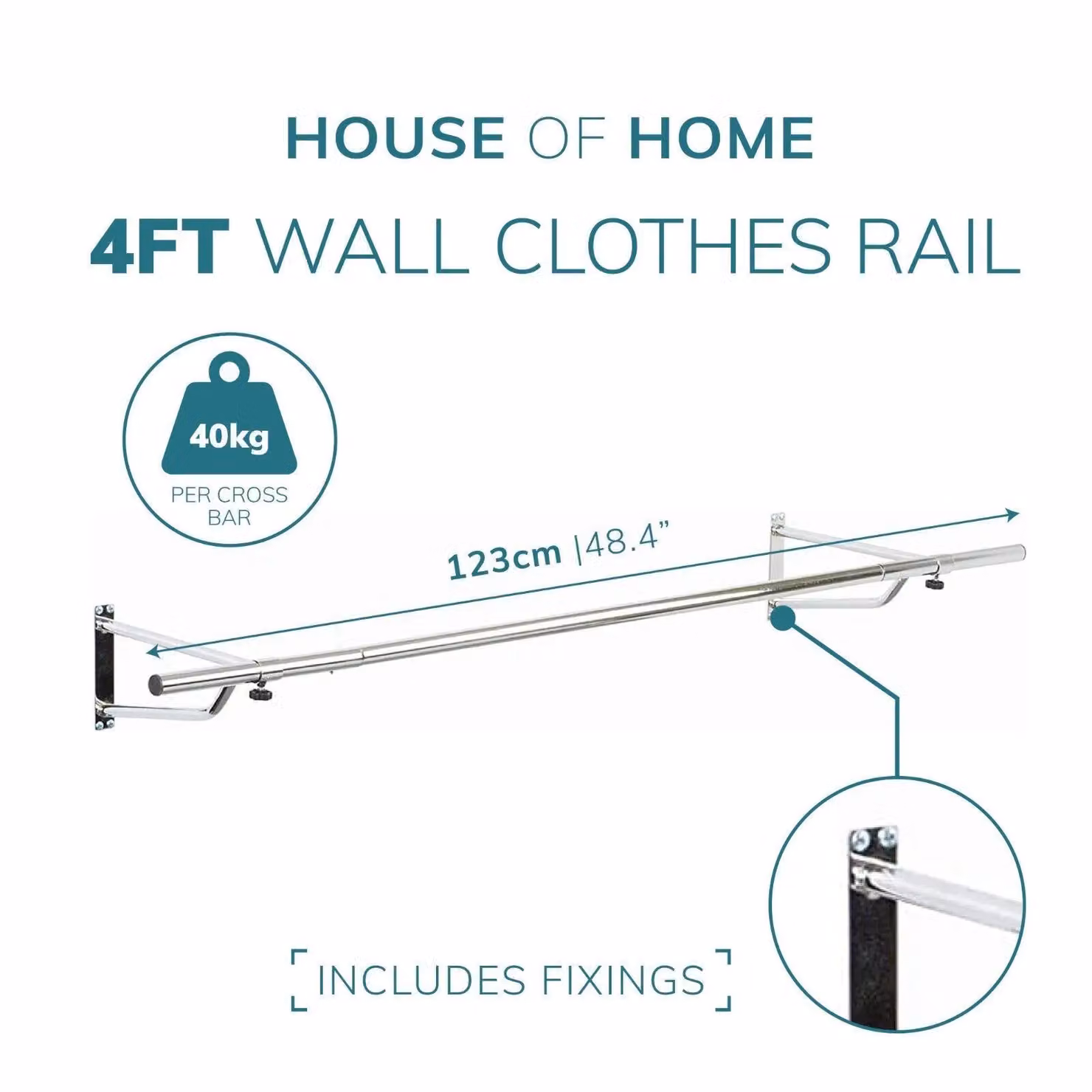 House of Home Wall Mounted Metal Clothes Rail in Silver, Width: 121.92 cm – 2