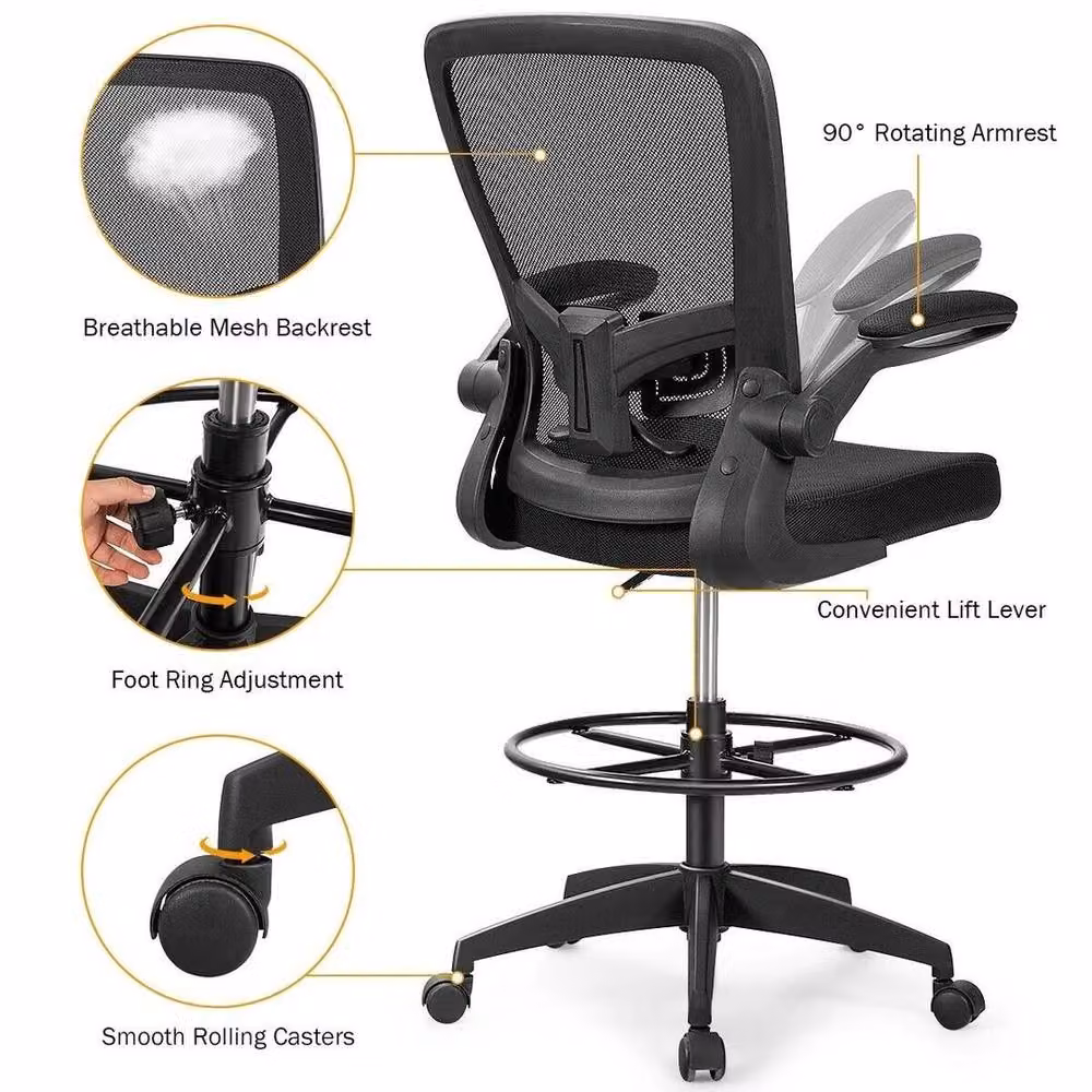 Kelvenix Ergonomic High Back Mesh Drafting Chair in Black with Foot Ring and Castors – 4