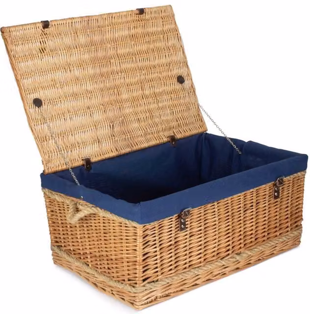 Red Hamper Wicker Trunk with Rope Handles and Cotton Lining in Blue, W 72 cm x D 50 cm x H 34 cm – 1
