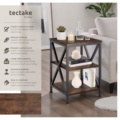 tectake 3-Tier Industrial Side Table with Height-Adjustable Steel Frame and Wood-Look MDF Shelves, Brown and Black, W/D/H: 40.5 x 40.5 x 60.5 cm – 3