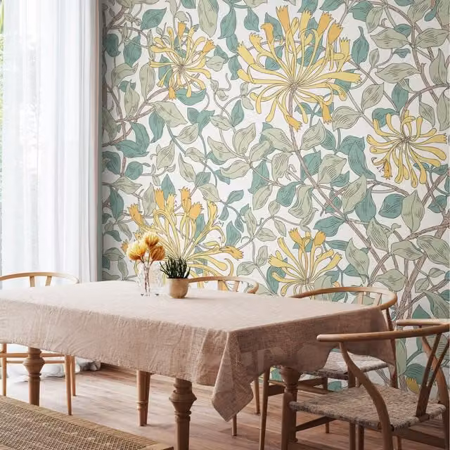 Origin Murals Honeysuckle Art Nouveau Floral Wall Mural in Blue and Multicolour