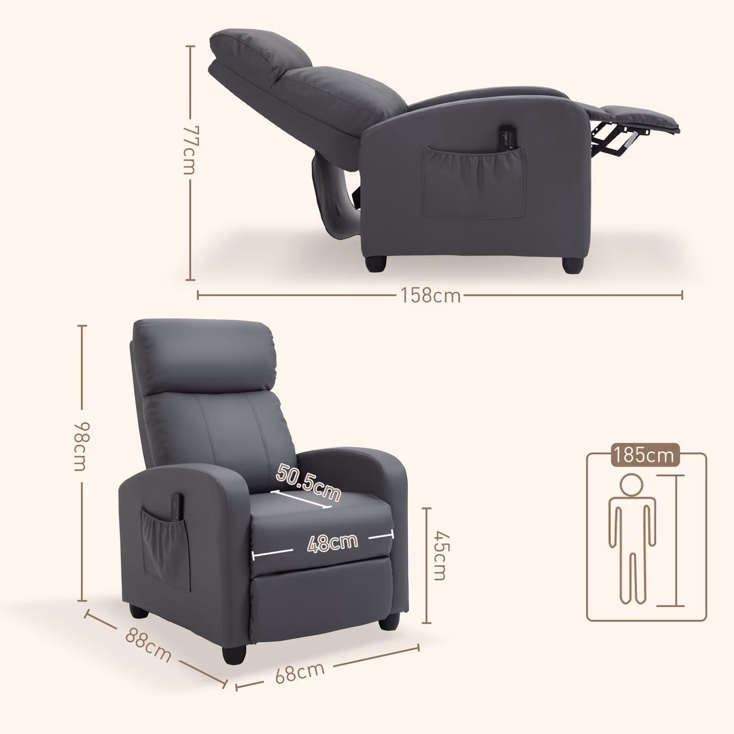 HOMCOM Reclining Massage Chair in Grey Faux Leather with Footrest and Remote Control – 3