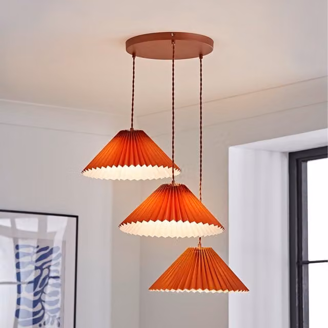 ValueLights Akira Fabric Pleated Triple Drop Ceiling Pendant Light in Burnt Orange