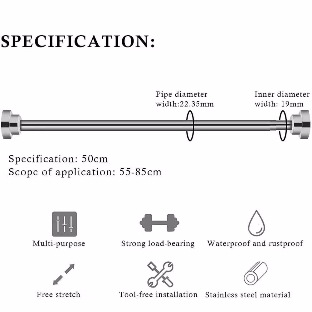 EONLION Stainless Steel Silver Shower Curtain Clothes Hanging Bar Rail with Tension Clamp – 2