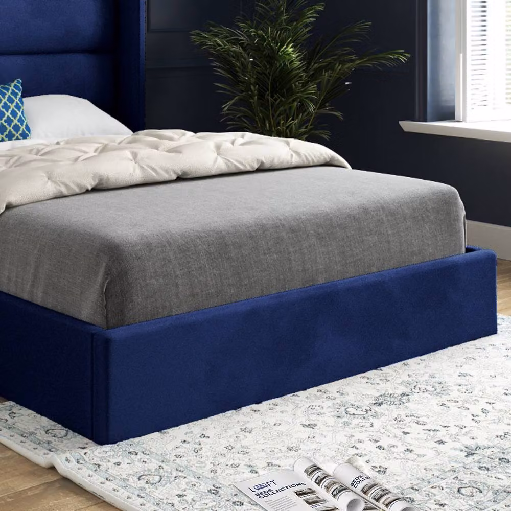 KDMD Shireshead Winged Upholstered Designer Bed Frame in Blue Soft Velvet, W/D/H: 90 x 200 x 137 cm – 4