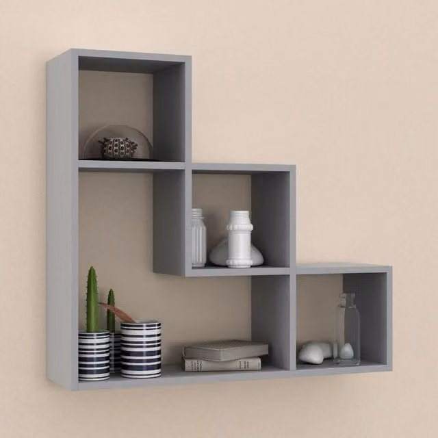 URBNLIVING 3 Step Floating Wall Mounted Wooden Display Unit and Book Storage Rack in Grey