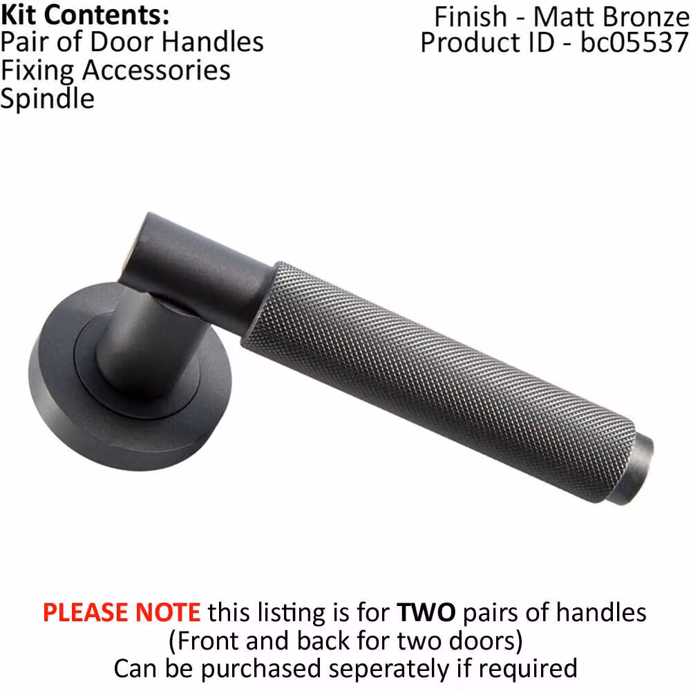 Loops 2x Pair Knurled Grip Round Bar Handles with Round Rose in Matt Bronze – 2