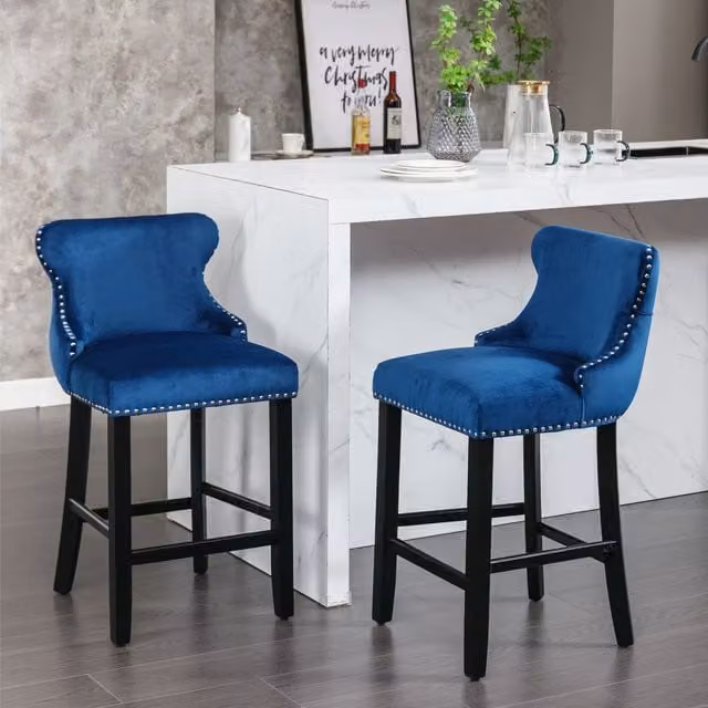 HomeTouch Set of 2 Contemporary Velvet Upholstered Wing-Back Barstools in Grey and Blue – 1
