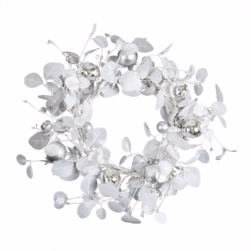 Scottish Everlastings Ltd White and Silver Christmas Eucalyptus and Bauble Wreath, Diameter: 45 cm – 2