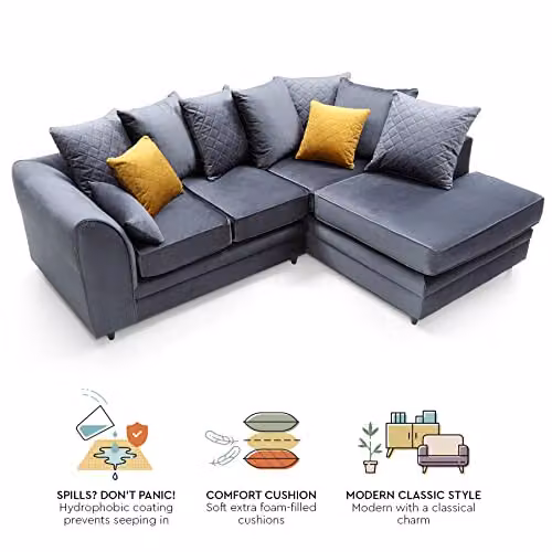 Abakus Direct Chicago Right Hand Facing L-Shaped Corner Sofa in Dark Grey Velvet Fabric, W: 212 cm, D: 164 cm, H: 78 cm – 5