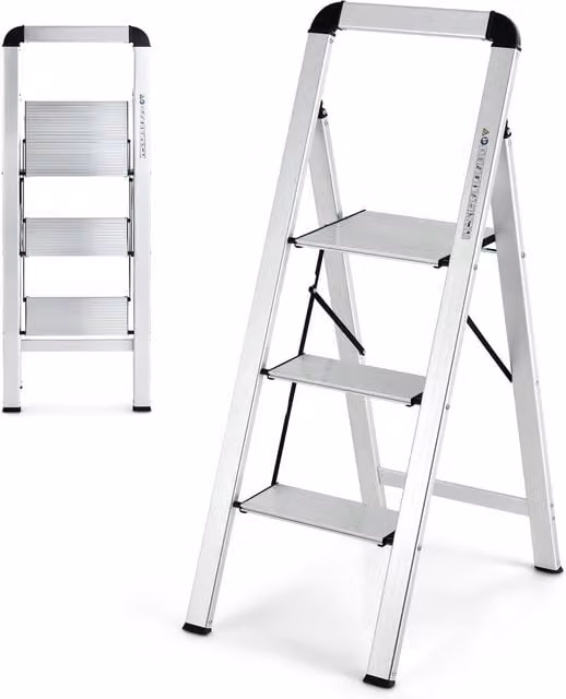 COSTWAY 3-Step Folding Aluminium Step Ladder with Rubber Feet in Silver