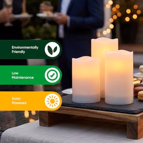 Gardenwize 3 Piece Solar Powered LED Pillar Candle Set in White with Flicker Effect, H 15 cm, H 12.5 cm, H 10 cm – 6