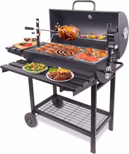 Groundlevel Charcoal BBQ Grill with Automated Rotisserie and Cart, Black
