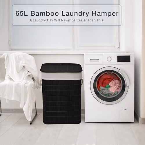 MantraRaj Black Bamboo Foldable Laundry Basket with Lid and Removable Liner, 65L Capacity – 4