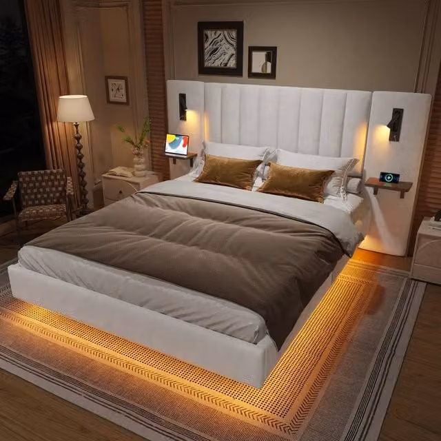 Merax White Velvet King Size Floating Bed with LED Headboard, Reading Lights, USB Charging Port and Bedside Shelves, W/D/H: 150 x 200 x 103.5 cm – 1