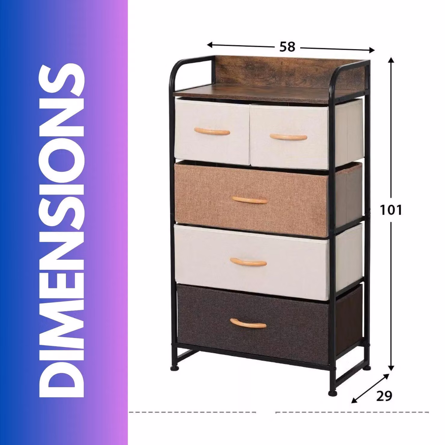 FURNOS 5 Fabric Drawer Bedroom Dresser in Brown – 2