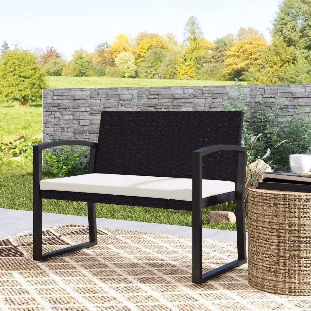 Wyld Haus Lalepa Black and Beige 2 Seater Woven Rattan and Metal Outdoor Bench – 8