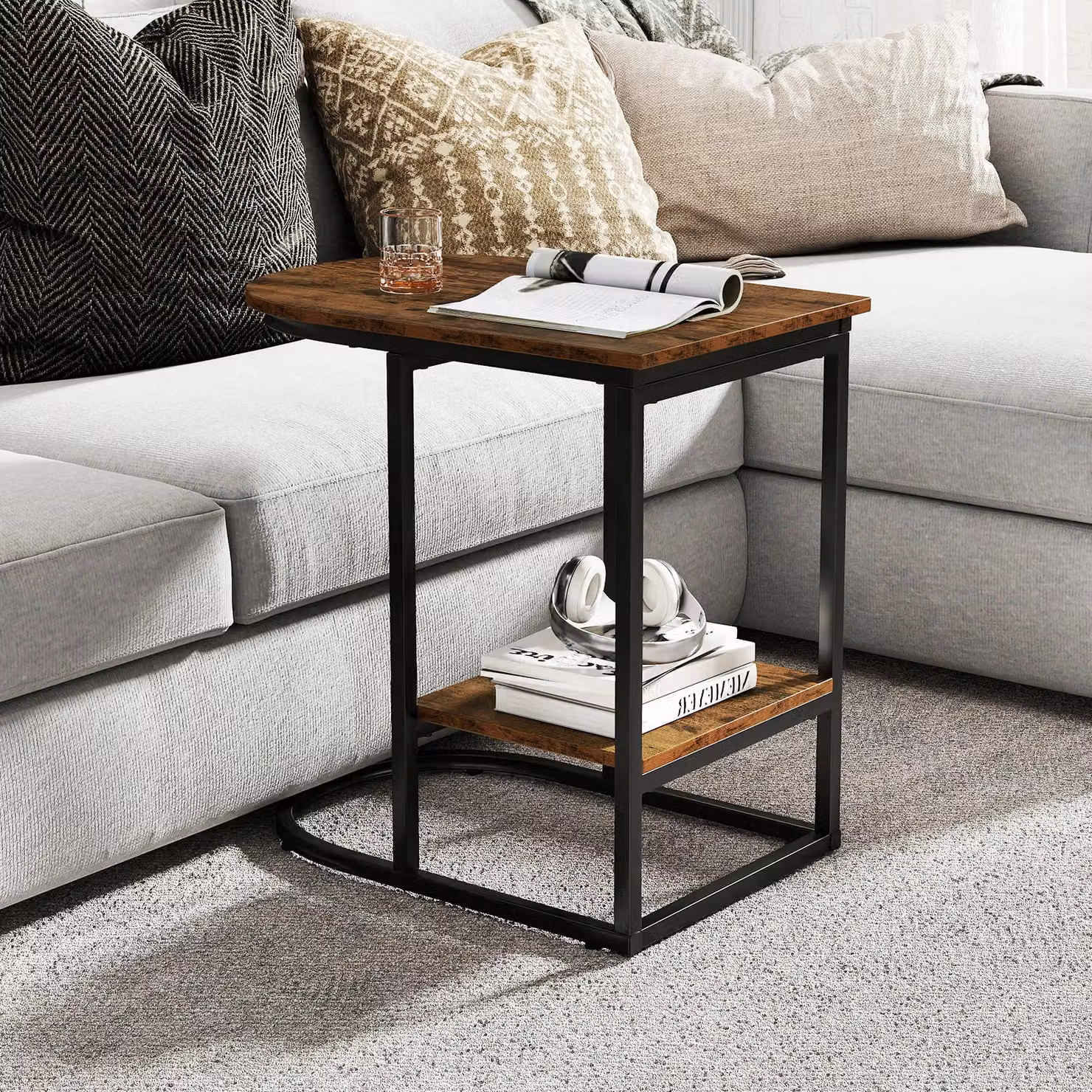 Gymax Modern C-shaped End Table with Storage Shelf in Brown – 5