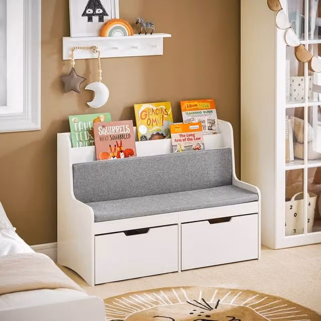SoBuy Children's Storage Bench with Bookshelf Back and Drawers in White and Grey – 1