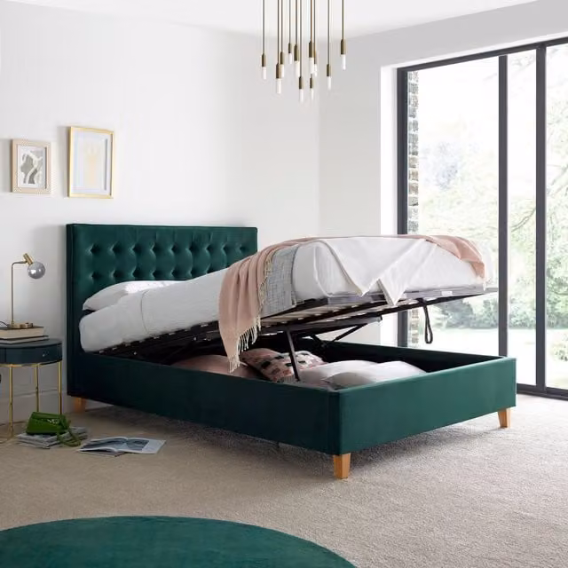 Bedmaster Kingham Green Velvet Upholstered Ottoman Bed with Lift Up Base, W/D/H: 180 x 200 cm