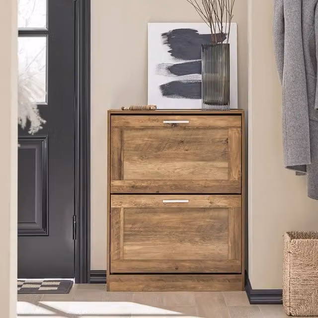 SoBuy Modern Slim Shoe Cabinet in Brown with Tilting Compartments and Internal Shelves – 1