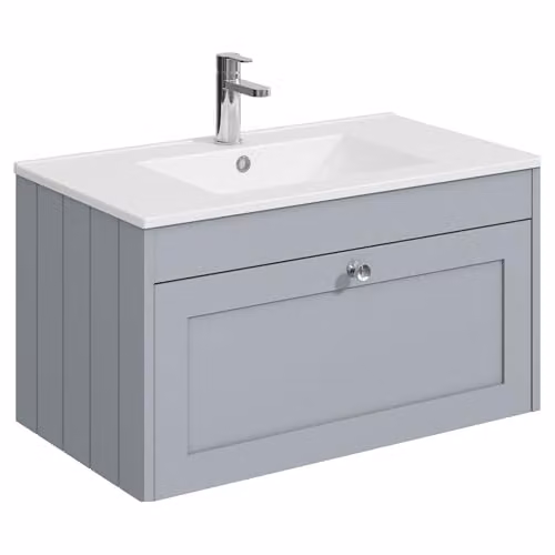 Balterley Wall Hung Grey Bathroom Vanity Unit with Rectangular Basin and Soft Close Single Drawer W/D/H: 80 x 45.3 x 43.1 cm – 1