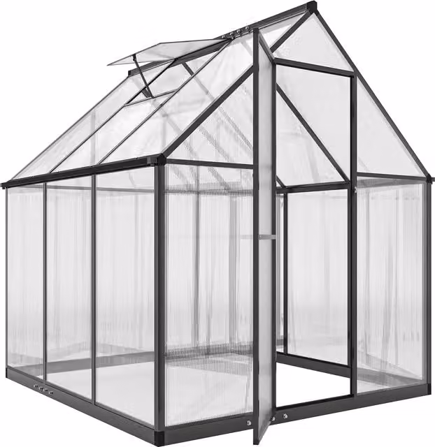 Outsunny Black Polycarbonate Walk-in Greenhouse with Swing Door, Adjustable Window and Rain Gutter, W/D/H: 182.88 x 178.0 x 195.0 cm