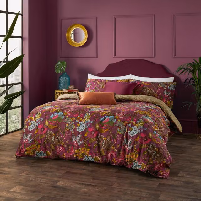 Viranai Exotic Floral Reversible Cotton Duvet Cover Set, Pink and Red Multicolour, W: 90 cm, L: 200 cm