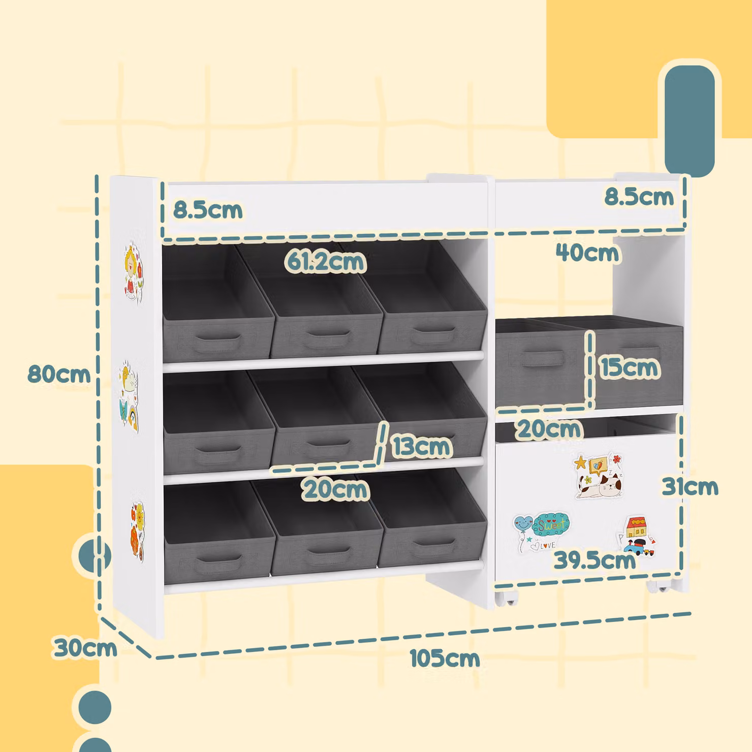 AIYAPLAY Kids Toy Storage Unit with 11 Bins, Cabinet and Top Shelves, White – 3