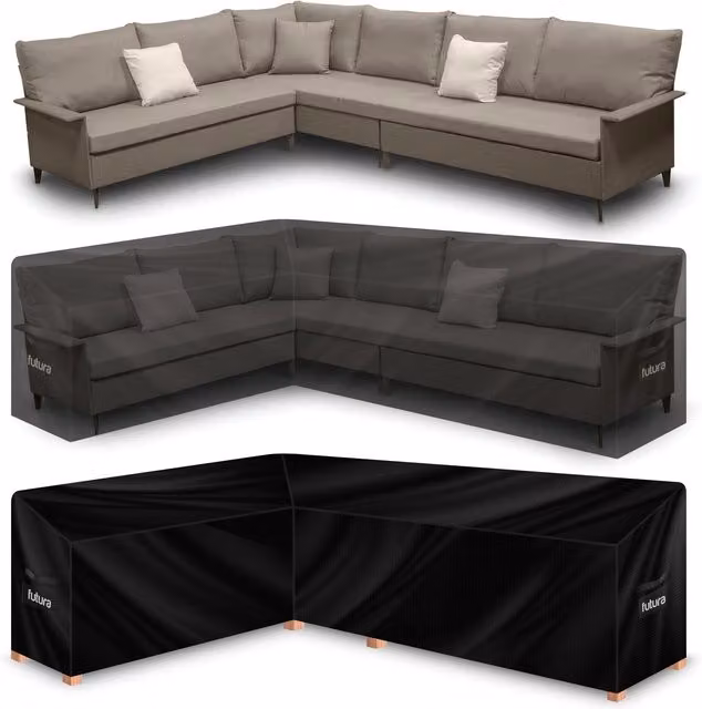 Futura Black Waterproof L-Shaped Corner Sofa Garden Furniture Cover with Oxford Fabric and Elastic Band, Width: 222 cm