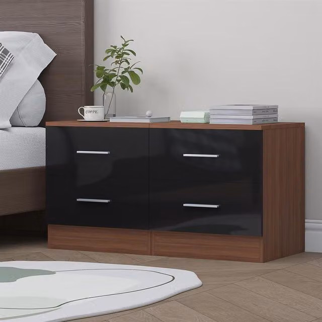 Reflect 2 Drawer Bedside Table Set of 2, Black Gloss and Walnut Matt Finish, W: 90 cm, D: 39.5 cm, H: 48.5 cm – 1