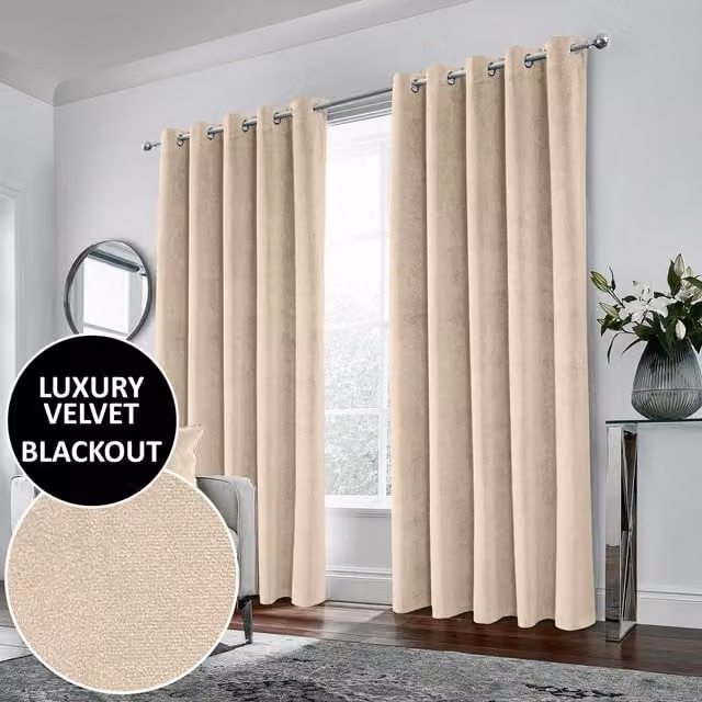 Enhanced Living Beige Velvet Blackout Eyelet Curtains, Thermal Insulating