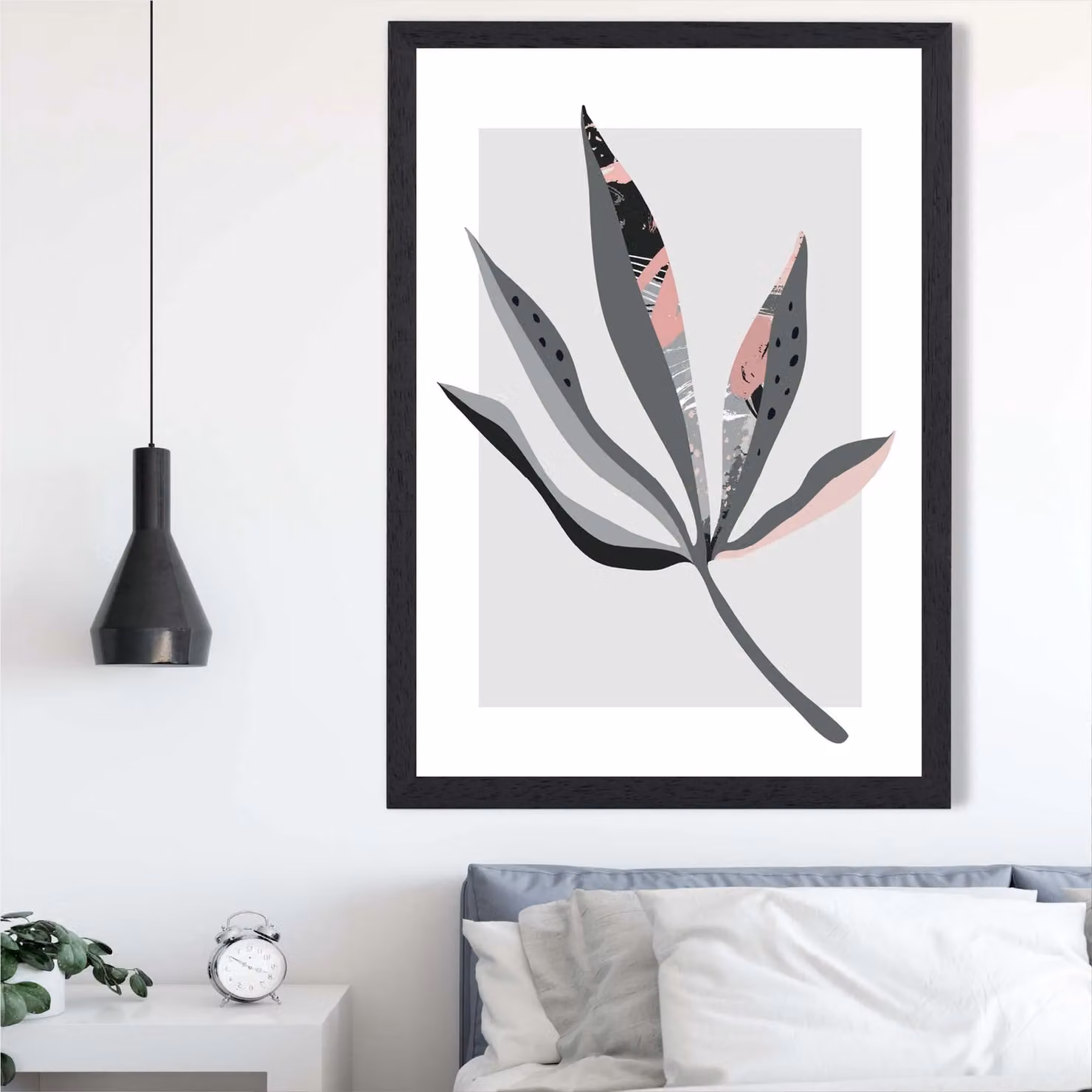 ARTZE Boho Botanical Palm Leaf Framed Print in Grey and Pink with Black Frame – 2
