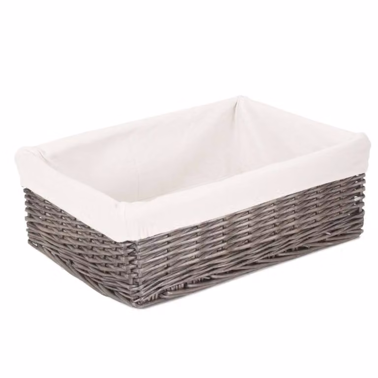 Red Hamper Set of 4 Rectangular Wicker Trays with Grey Cotton Liners
