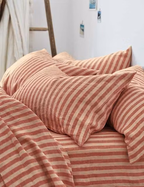 Piglet In Bed 2 Pack Pembroke Linen Rich Striped Pillowcases in Red Mix