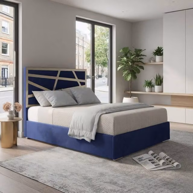 KDMD Frogham Blue Velvet Upholstered Metal Designer Bed Frame, W/D/H: 200 x 127 x 189 cm