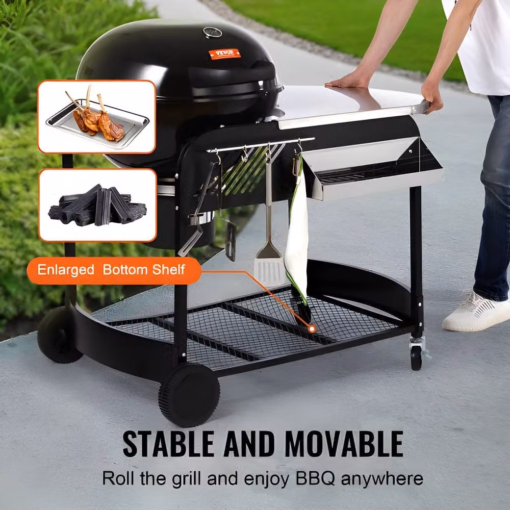 VEVOR Heavy Duty Charcoal Grill with Cover, Cart and Thermometer, Black, W: 53.34 cm, H: 101.0 cm, D: 53.34 cm – 9