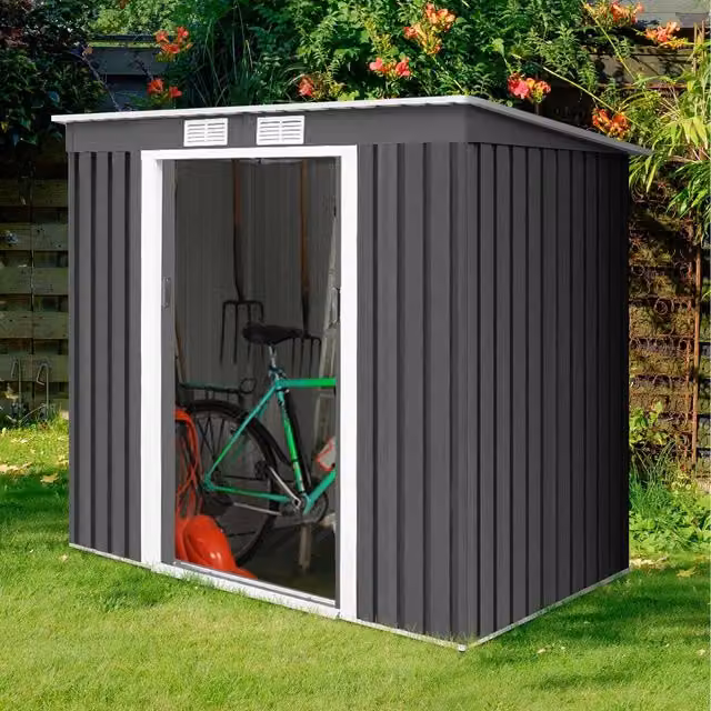 Costway Grey Metal Outdoor Garden Storage Shed with Pent Roof and Sliding Doors, W/D/H: 173 x 130 x 130 cm