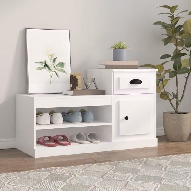 Berkfield Home White Modern Shoe Cabinet with Integrated Seat, W/D/H: 100 x 42 x 60 cm