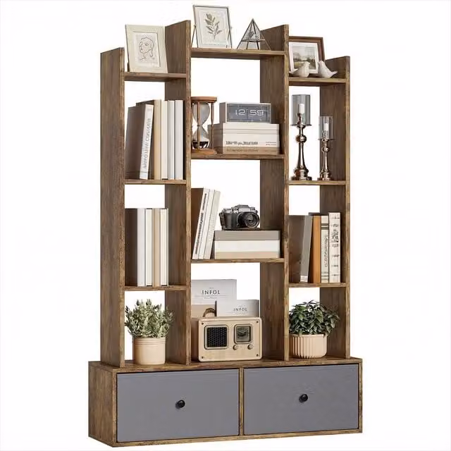 ERGOVEXA 12 Shelf Storage Unit with Drawers in Rustic Brown