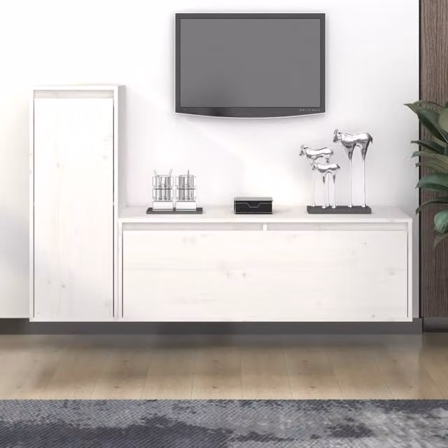 Berkfield Home Set of 2 White Solid Wood Pine Wall Mounted TV Cabinets with Hinged Doors and Internal Shelves – 1
