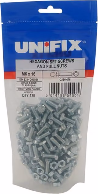 Unifix Grade 8.8 Hex Socket Setscrews and Class 8 Full Nuts, M6 x 25 mm, Grey Steel