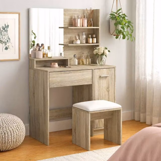 STILVORA Modern Dressing Table and Stool Set with Storage in Sand and Brown