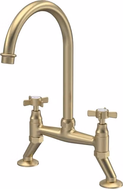 Balterley Traditional Kitchen Bridge Mixer Tap with Dual Crosshead Handles and Swivel Spout, Brushed Brass, H x W x D: 51.0 x 23.5 x 20.0 cm