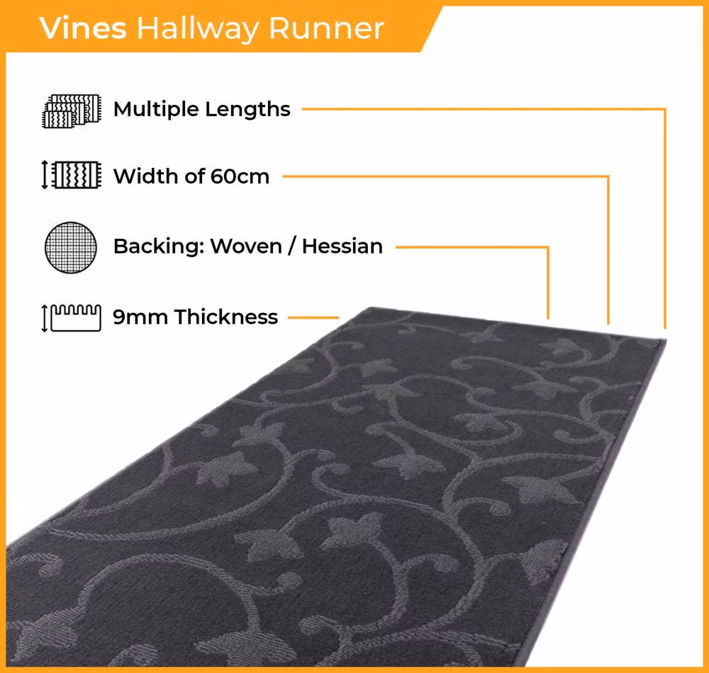 runrug Vines Hallway Carpet Runner Rug in Grey, W: 60 cm, L: 240 cm – 2