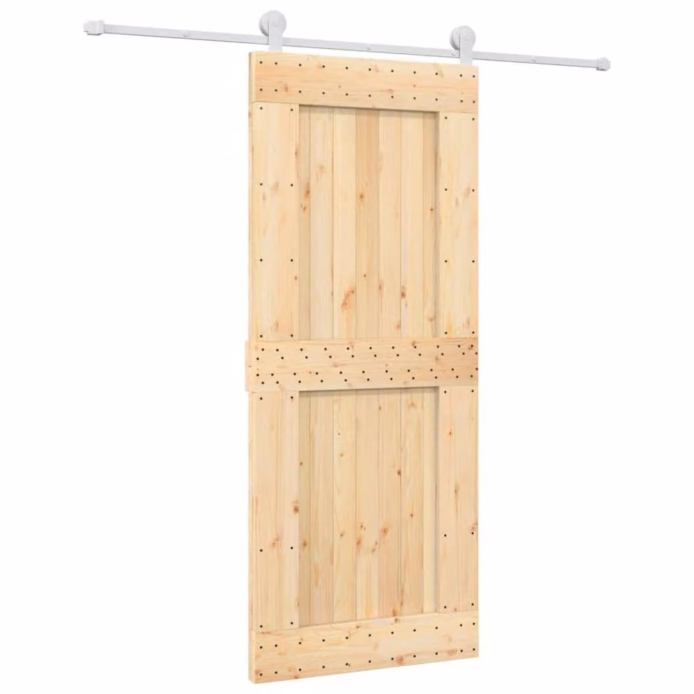 Berkfield Home Rustic Brown Solid Wood Pine Sliding Door with Hardware Set W: 85 cm, H: 210 cm