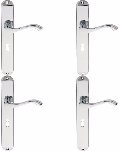 Loops 4 Pairs of Curved Handle on Long Slim Lock Backplate in Polished Chrome, 241 x 40 mm