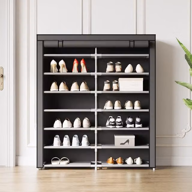Lifeideas 7-Tier Modern Freestanding Shoe Cabinet with Roll-Up Shutter Doors in Black
