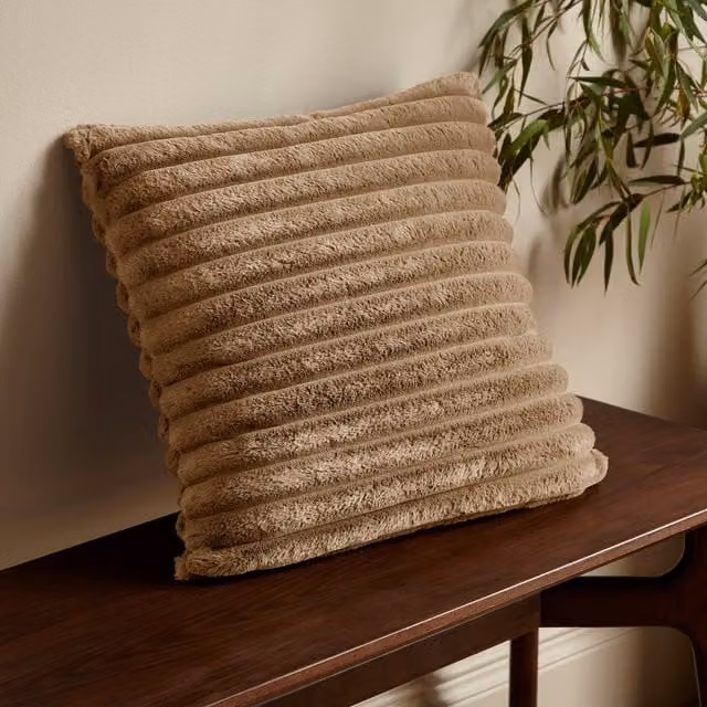 Catherine Lansfield Cosy Ribbed Soft Touch Velvet and Faux Fur Cushion, Beige, W/D/H: 45 x 45 x 45 cm